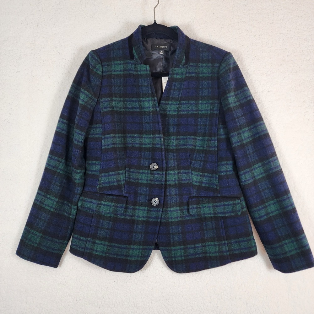 Talbots Womens Sz 8 Plaid Blazer Blue Green 2 Button Front Wool Blend Preppy NWT